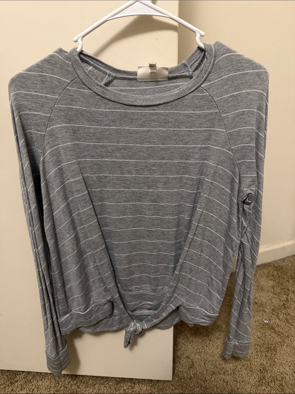 Belle Du Jour Gray Striped Long-Sleeve Tie-Front Top